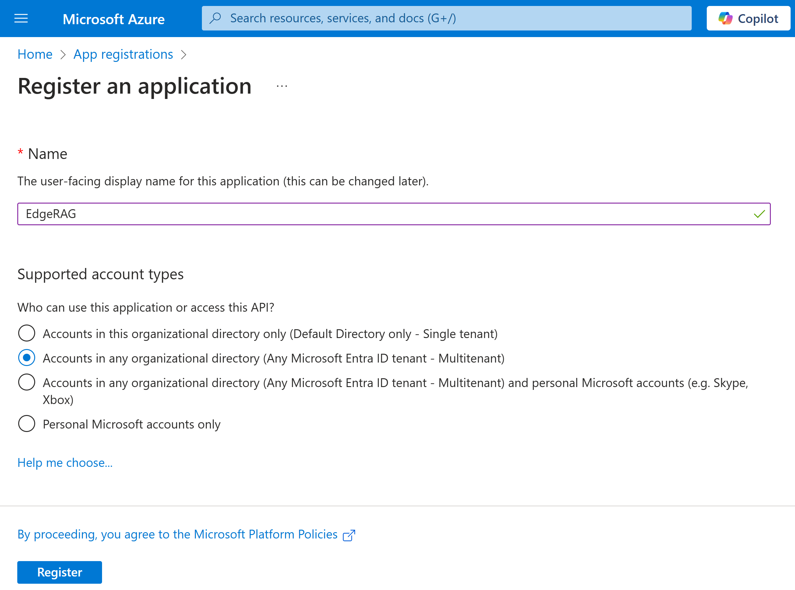 Screenshot that shows the fields on the register an application page where you add an application name and select supported account types.