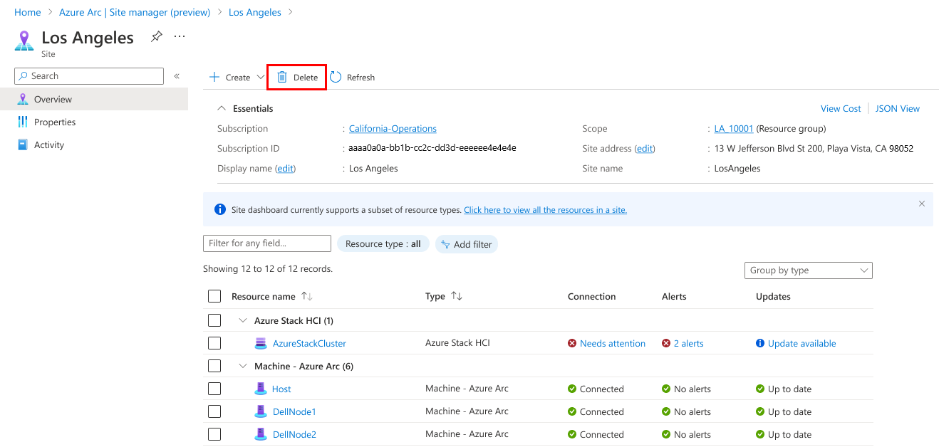 Screenshot that shows deleting a site from its resource page.