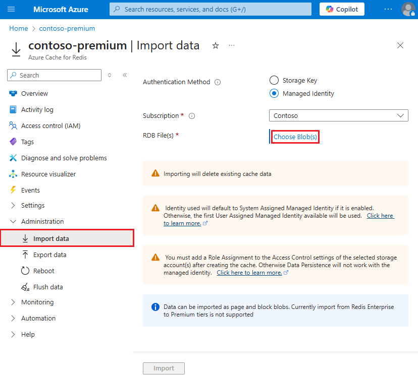 Screenshot showing the Import data page with Choose Blob(s) selected.