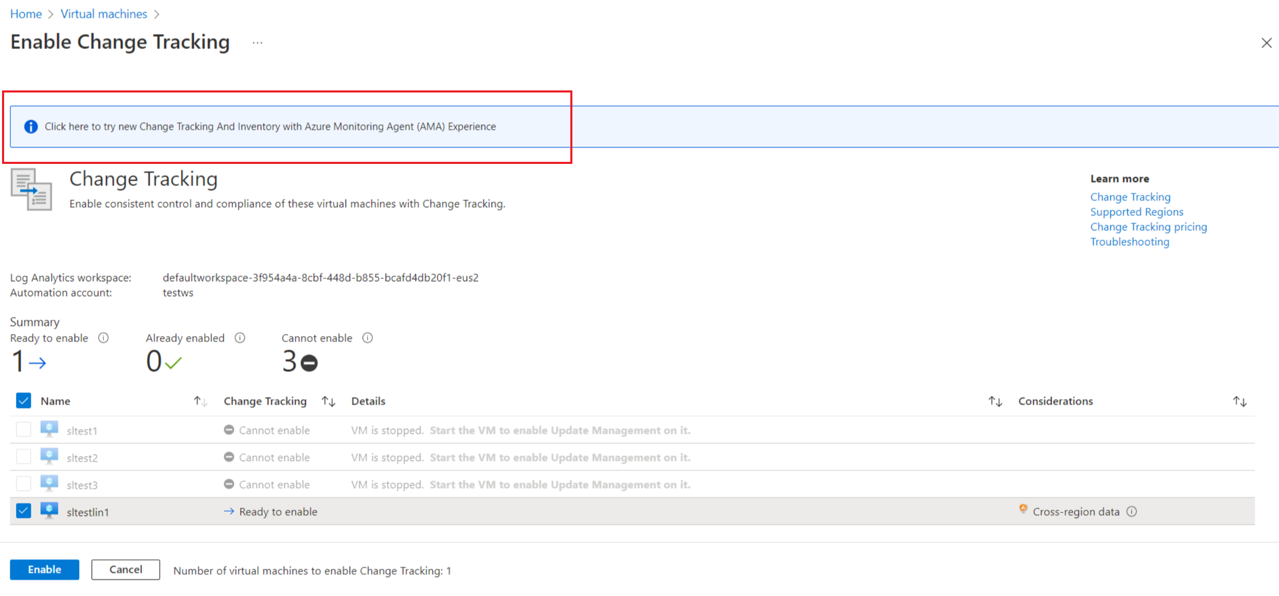 Screenshot showing how to select enable change tracking for multiple Virtual Machines from the portal.