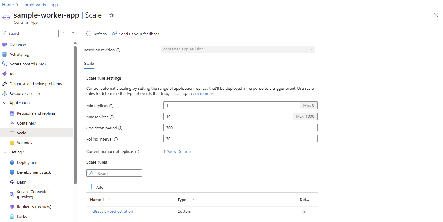 Screenshot of the scaler min and max replica configuration in the Azure portal.
