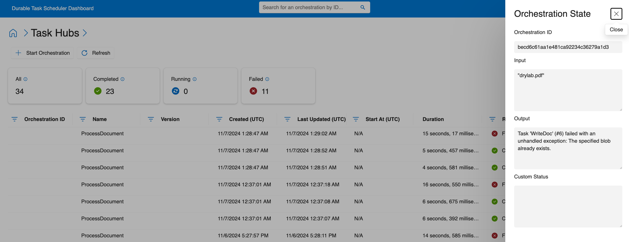 Screenshot of the dashboard listing orchestration history and status inputs and outputs.