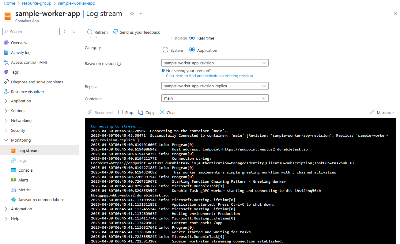 Screenshot of the worker container's log stream in the Azure portal.