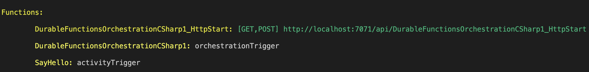 Screenshot of functions listed when running app locally.