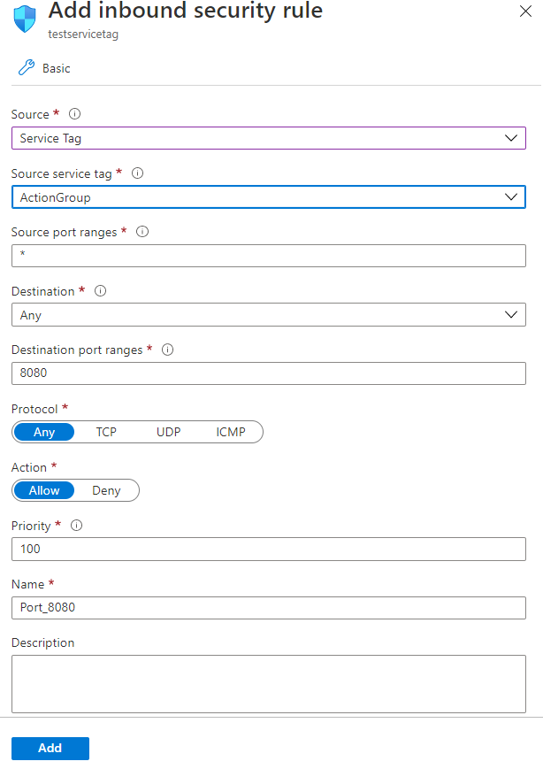 Screenshot that shows a completed inbound security rule with an ActionGroup service tag.