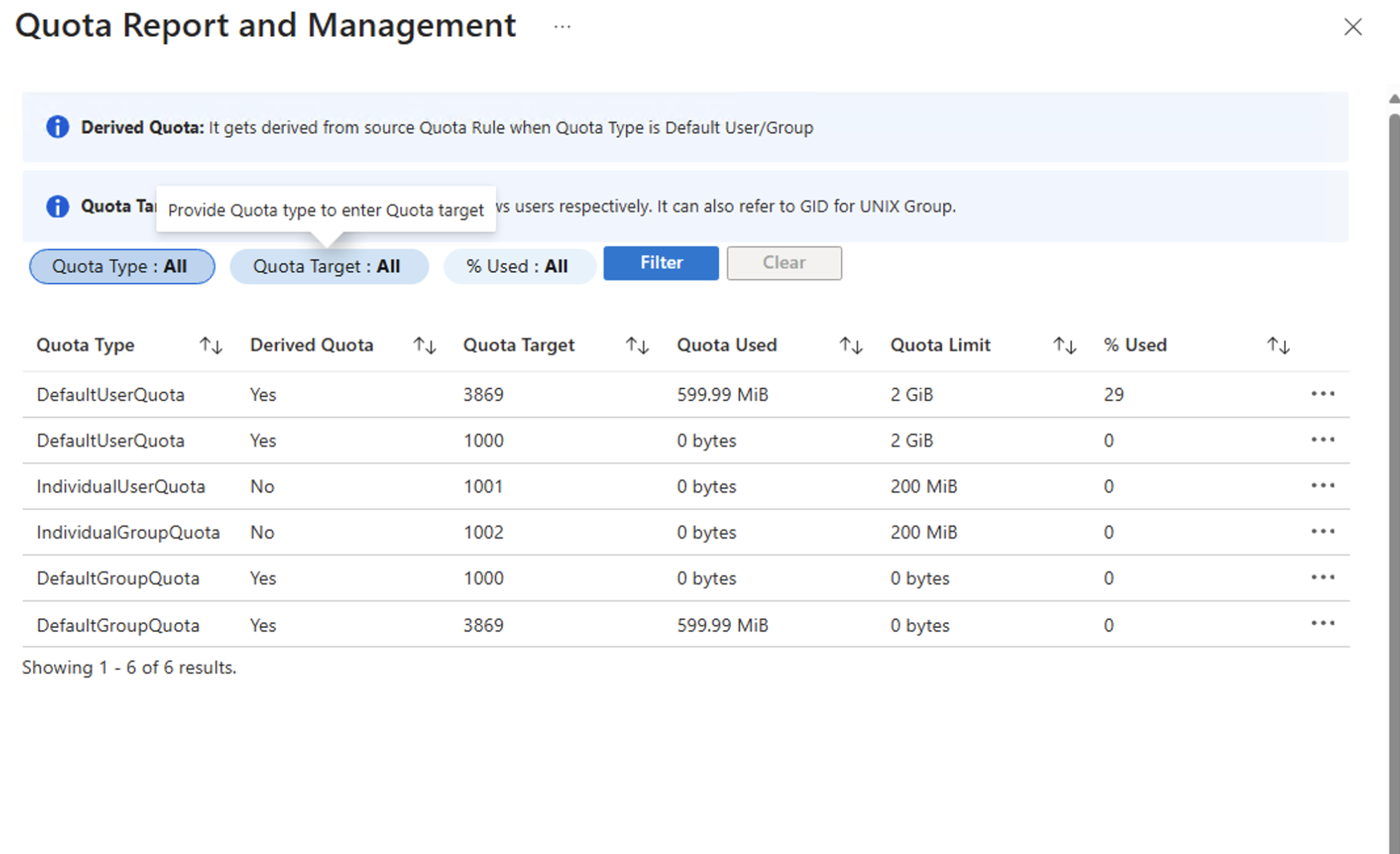 Screenshot that shows the generate quota report and management option.