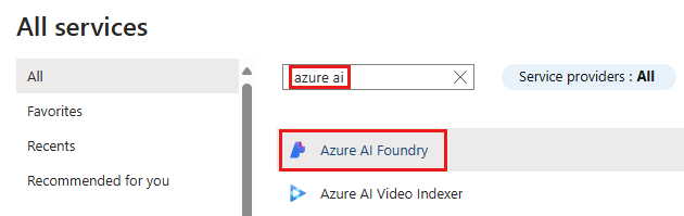 Screenshot showing a search in All services in the Azure portal.