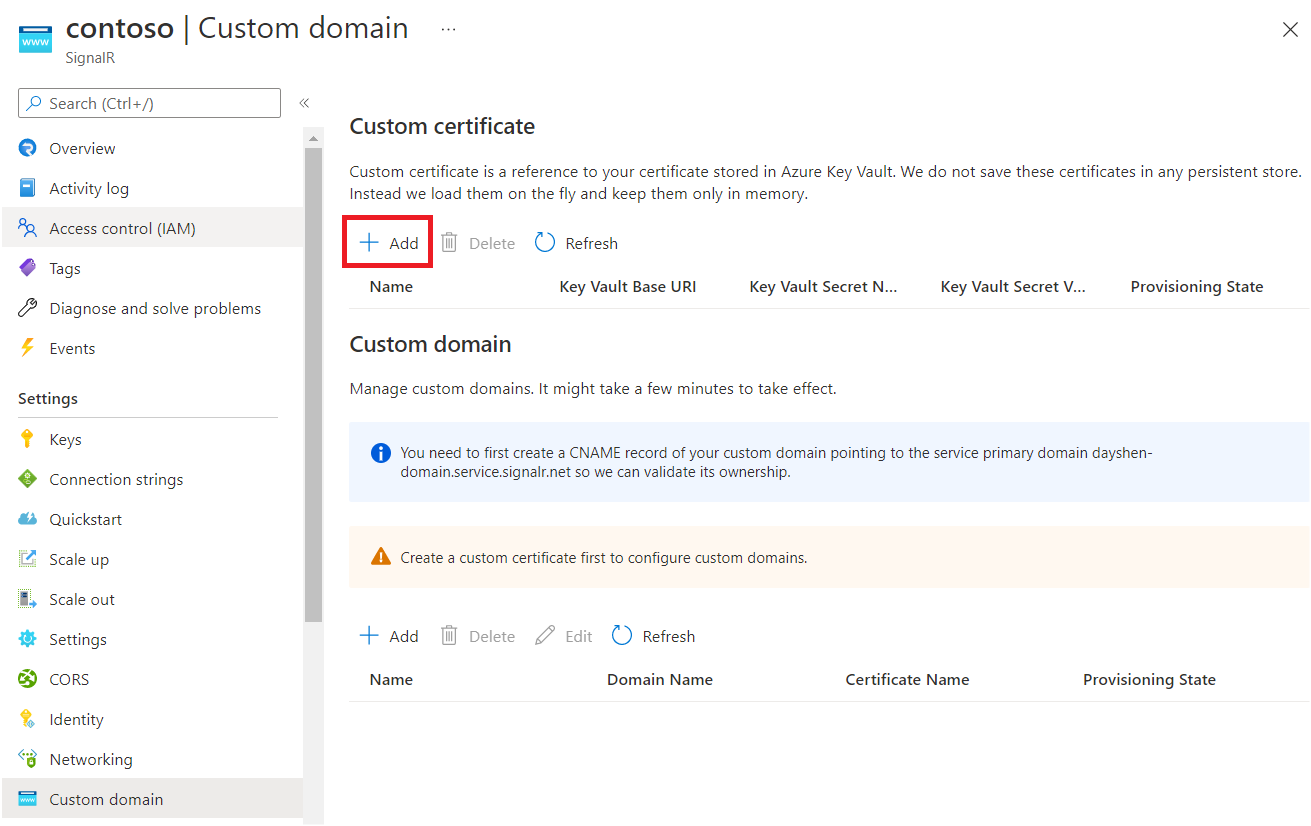 Screenshot that shows custom certificate management.
