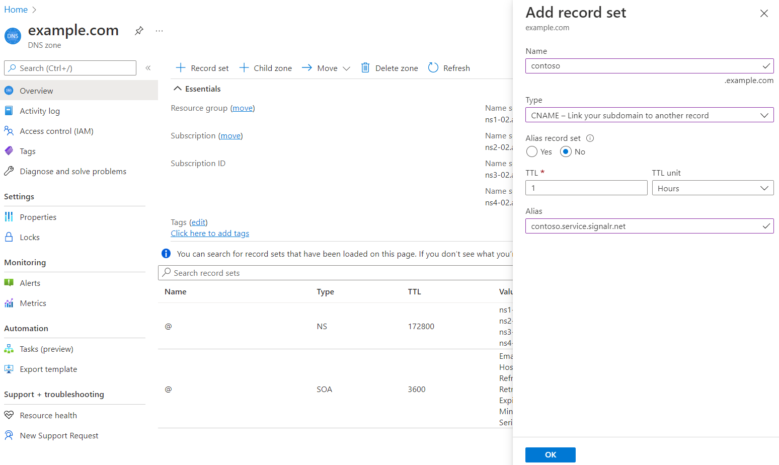Screenshot that shows adding a CNAME record in an Azure DNS zone.