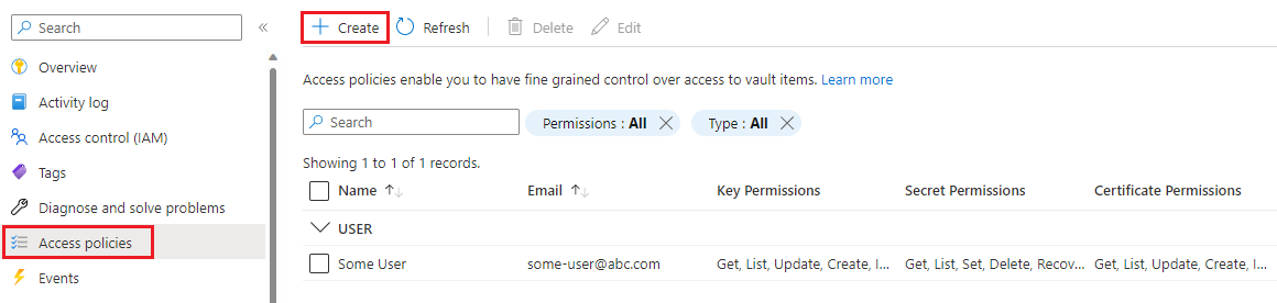 Screenshot that shows the Key Vault Access policies page.