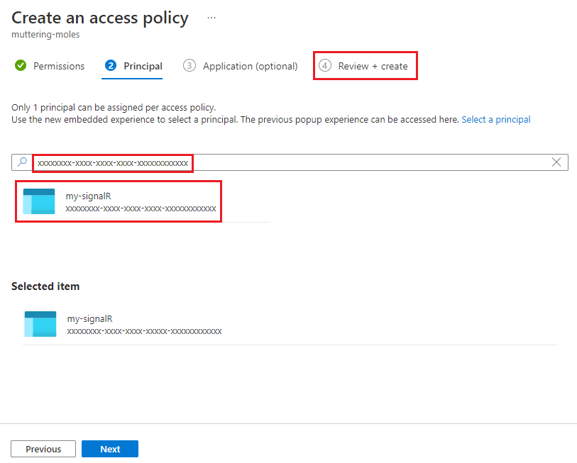 Screenshot that shows the Principal tab of the Key Vault Create an access policy page.