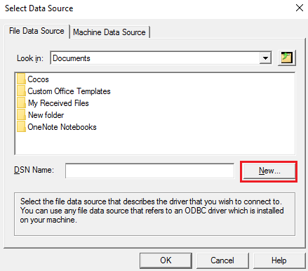 Screenshot of the create DSN File process, the Select Data Source page.