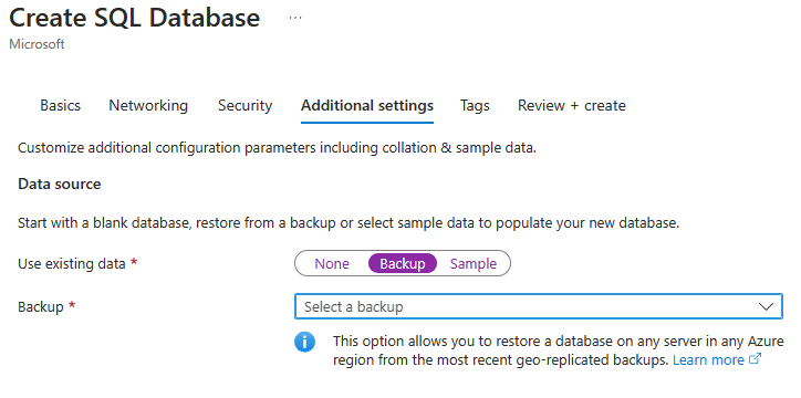 Screenshot of the Azure portal create database menu selecting a backup to use for the database.
