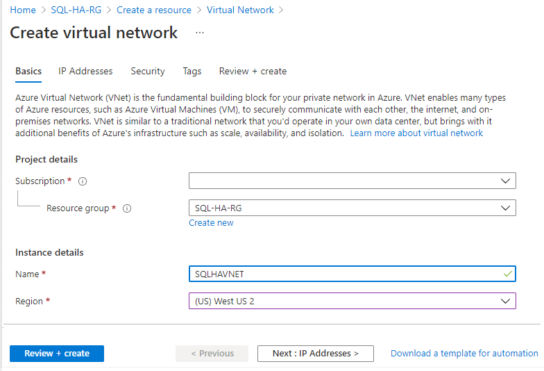 Screenshot of the Create virtual network page in the Azure portal. A resource group is selected and a virtual network name is entered in the Instance details field.