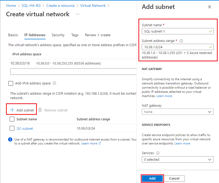 Screenshot of the Add Subnet pane when creating a virtual network in the Azure portal.