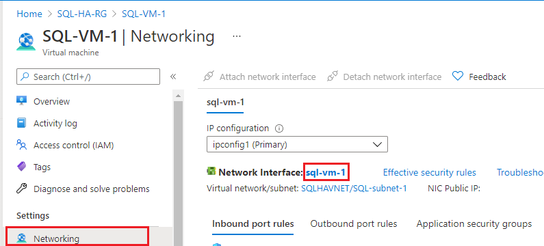 Screenshot of the Networking screen for the SQL-VM-1 virtual machine. The Network interface field is highlighted.