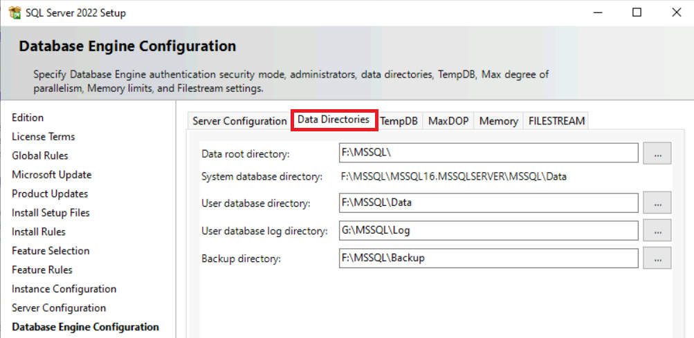 Screenshot of the database engine configuration page of a SQL Server installation, with the data directories tab selected.