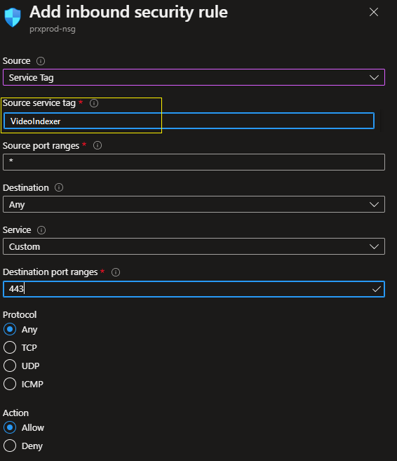 Screenshot showing how to add a service tag in the Azure portal.