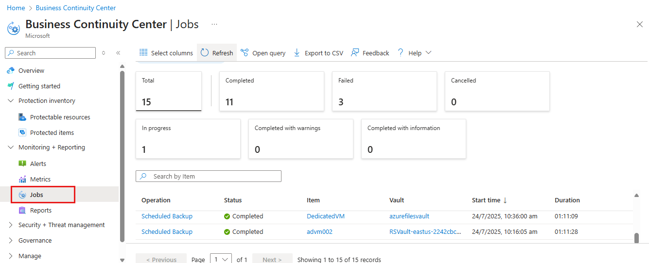 Screenshot showing the backup job status.