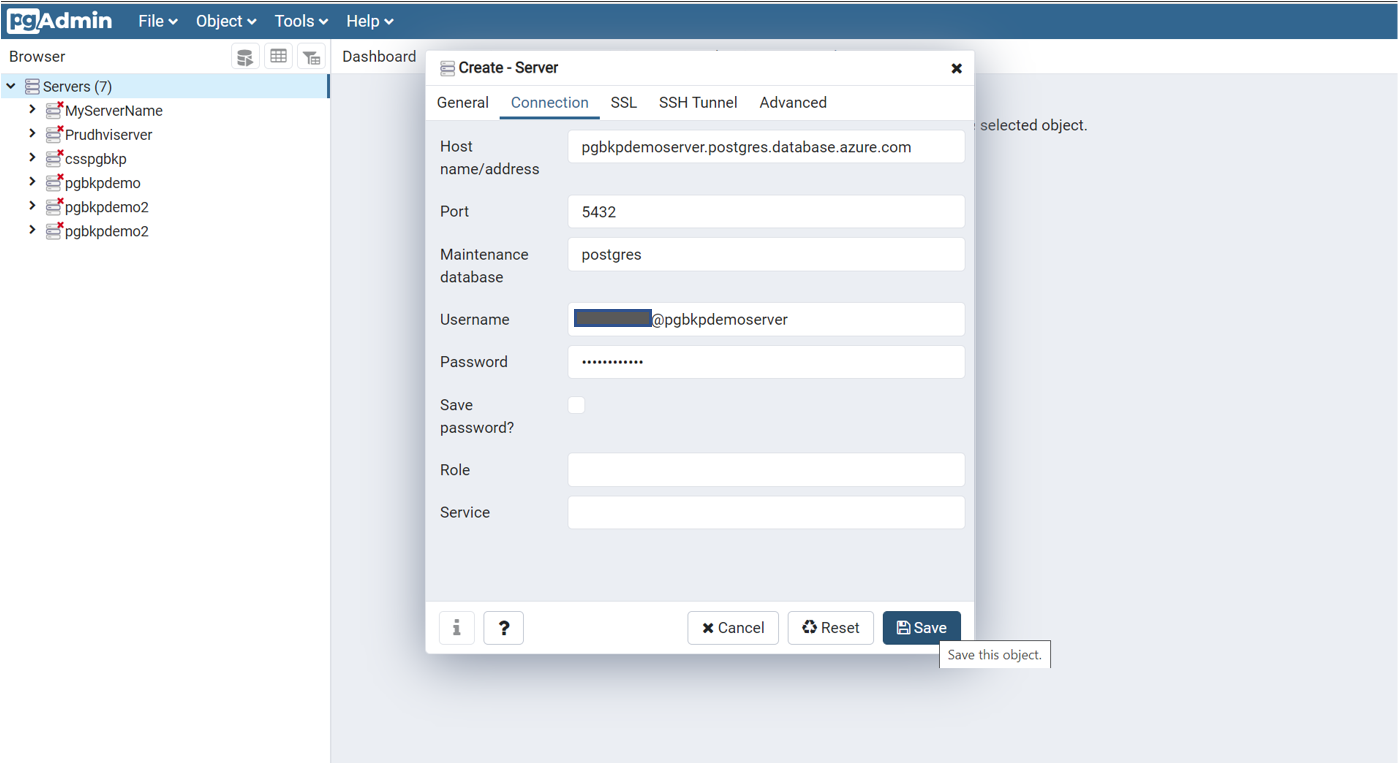 Screenshot that shows the options for creating a new server by using the P G admin tool.