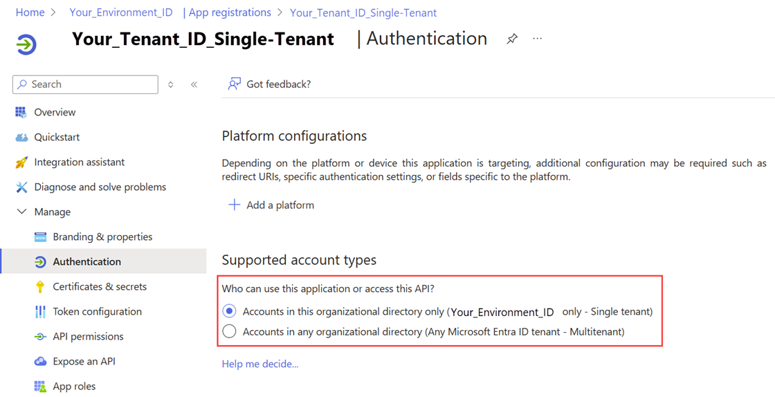 Screenshot highlighting the Supported account type options.