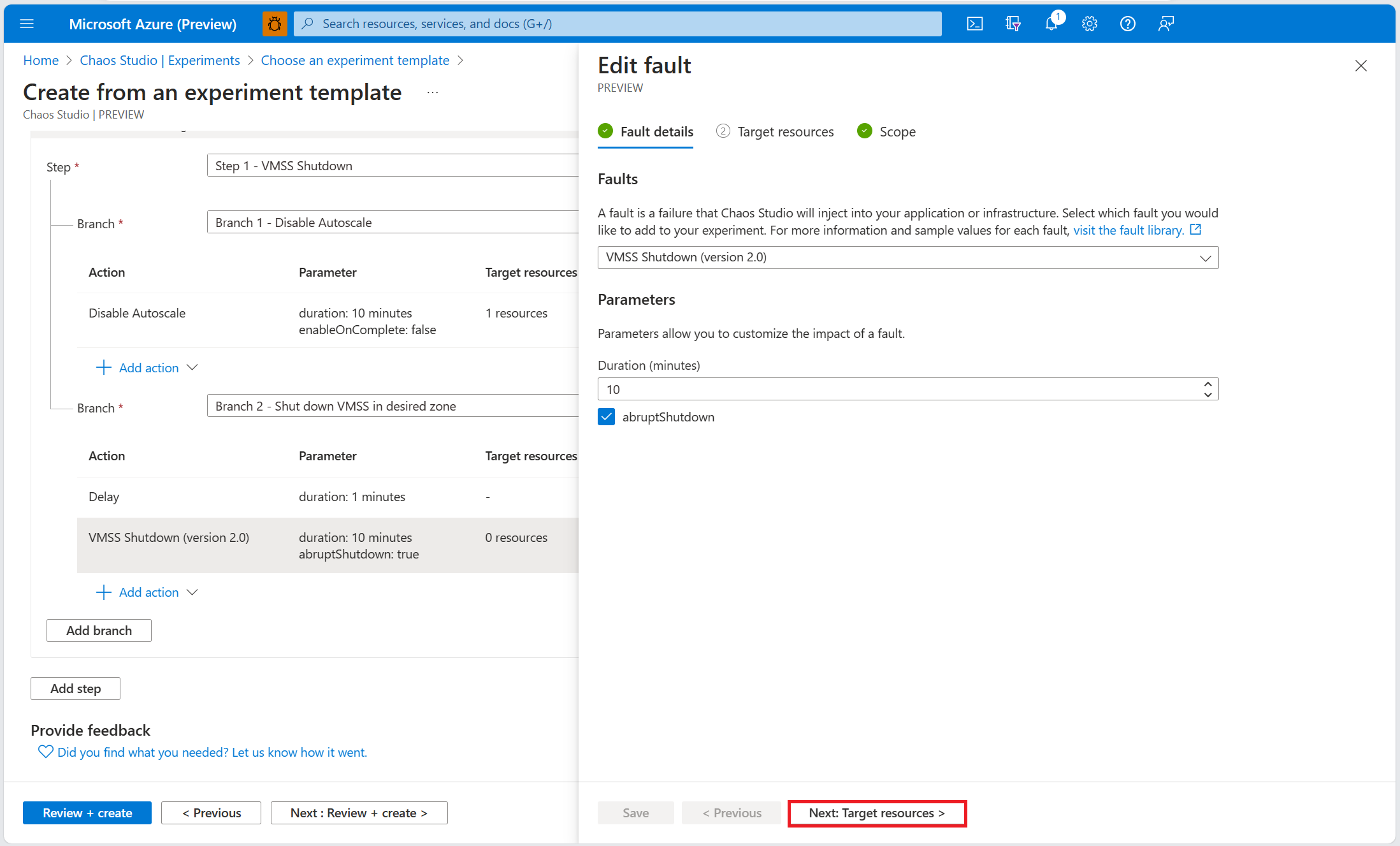 Screenshot that shows the fault parameters pane for the virtual machine scale set, with the target resources button highlighted.