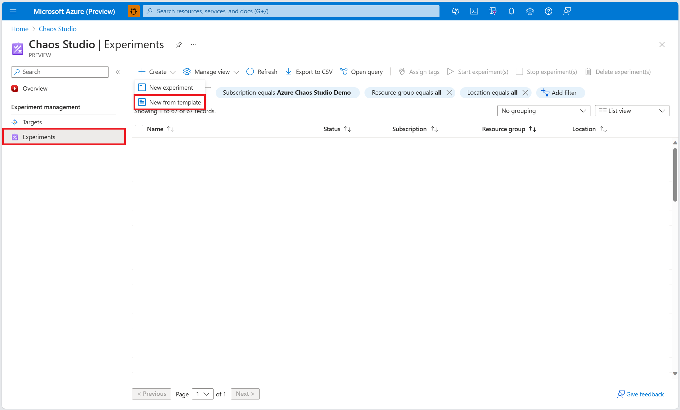 Screenshot that shows the Experiments screen, with the New from template button highlighted.