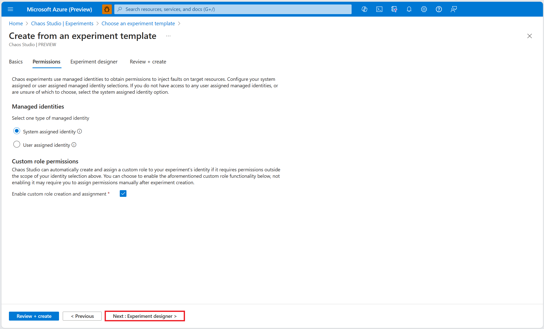 Screenshot that shows the experiment permissions screen, with the experiment designer tab button highlighted.
