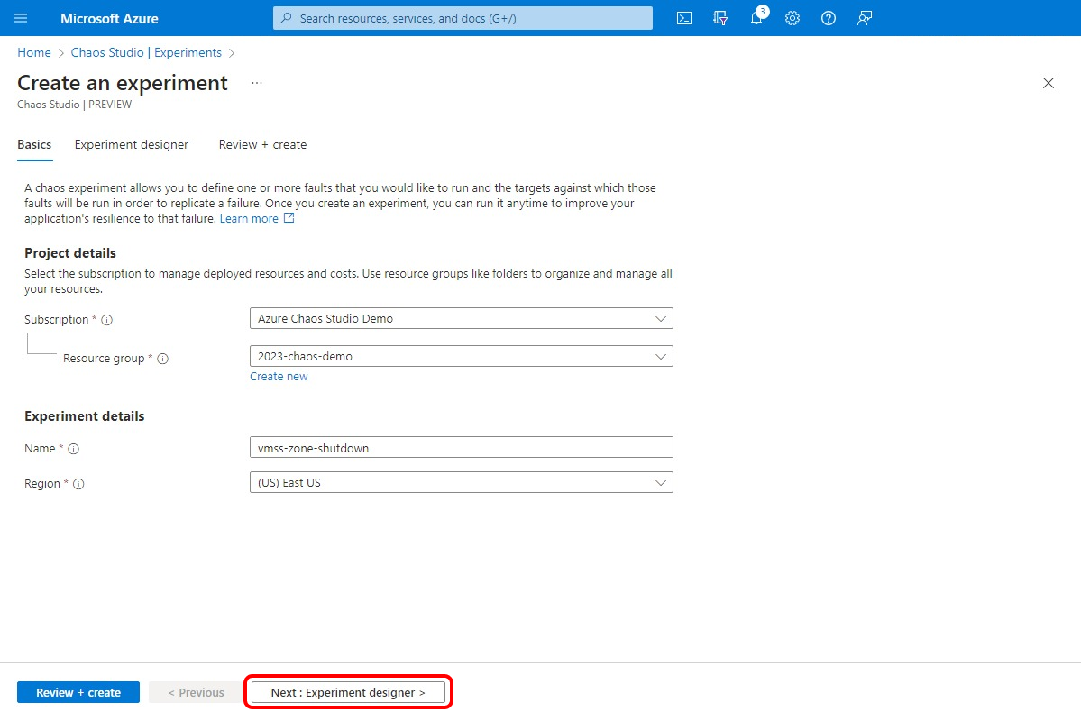 Screenshot that shows the experiment creation screen, with the Next button highlighted.