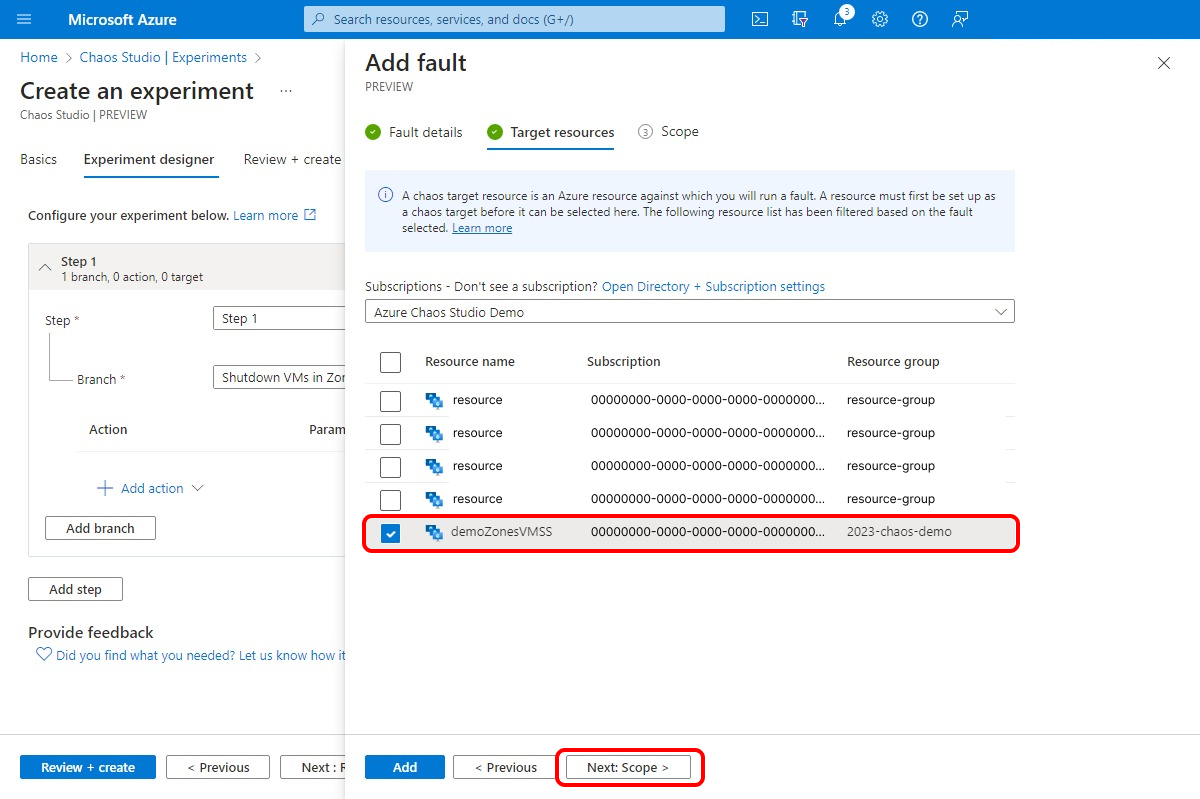 Screenshot that shows the fault details view, with the virtual machine scale set resource selected.