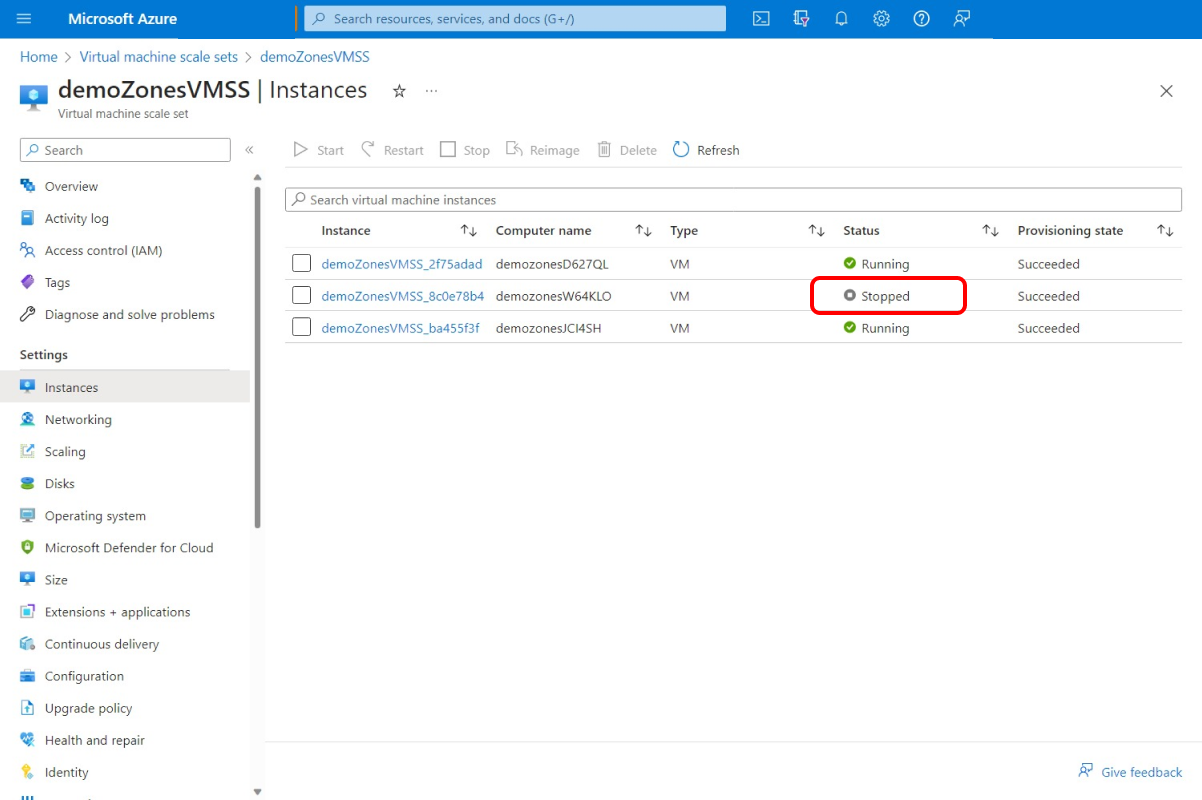Screenshot that shows the Virtual machine scale sets resource page showing an instance in the Stopped state.