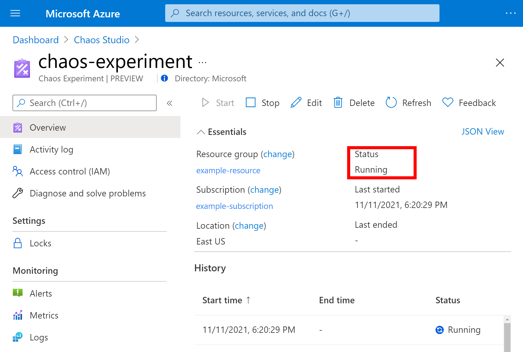 Screenshot that shows the experiment status.