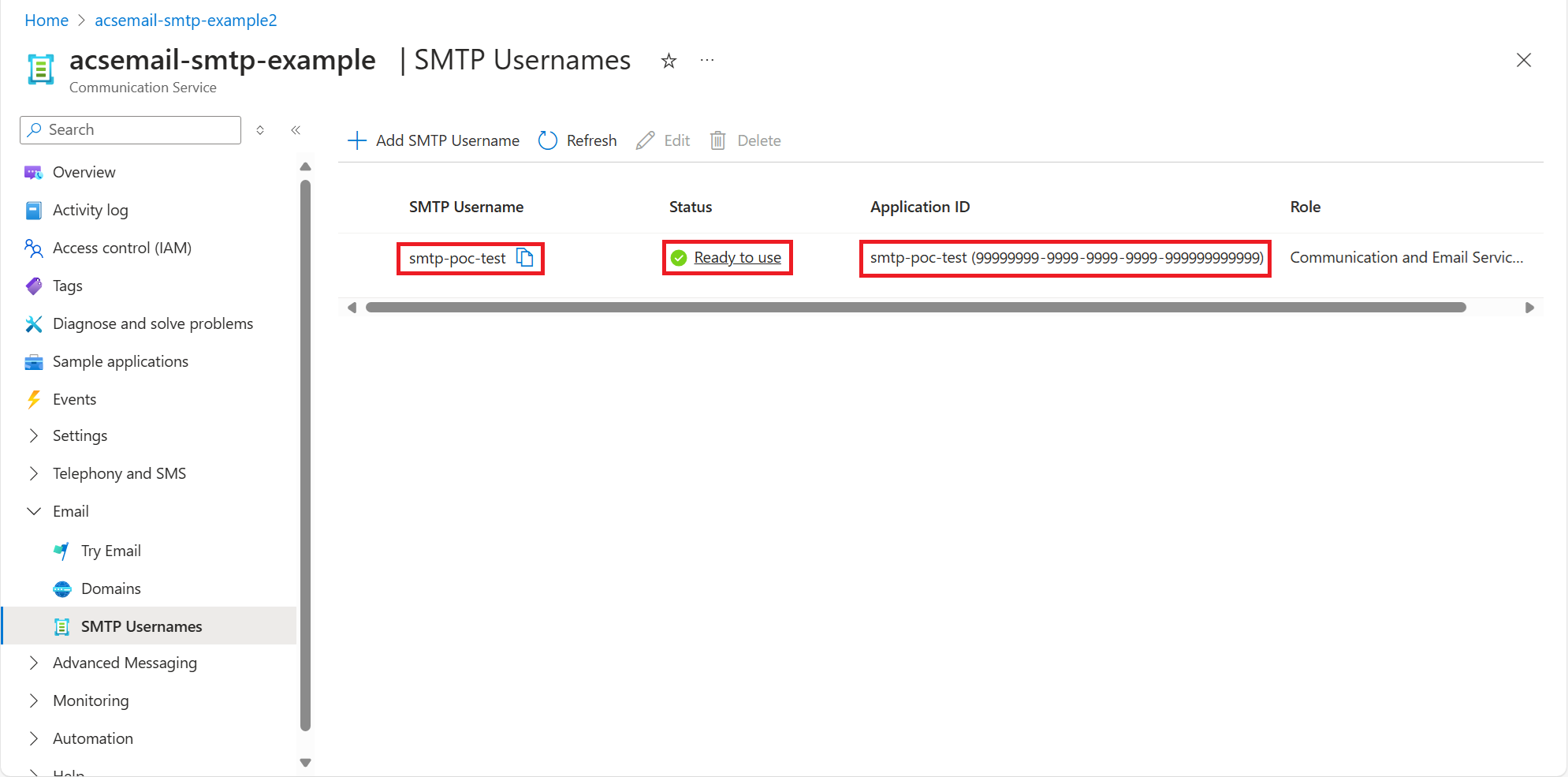 Screenshot that shows newly created SMTP username in the list.