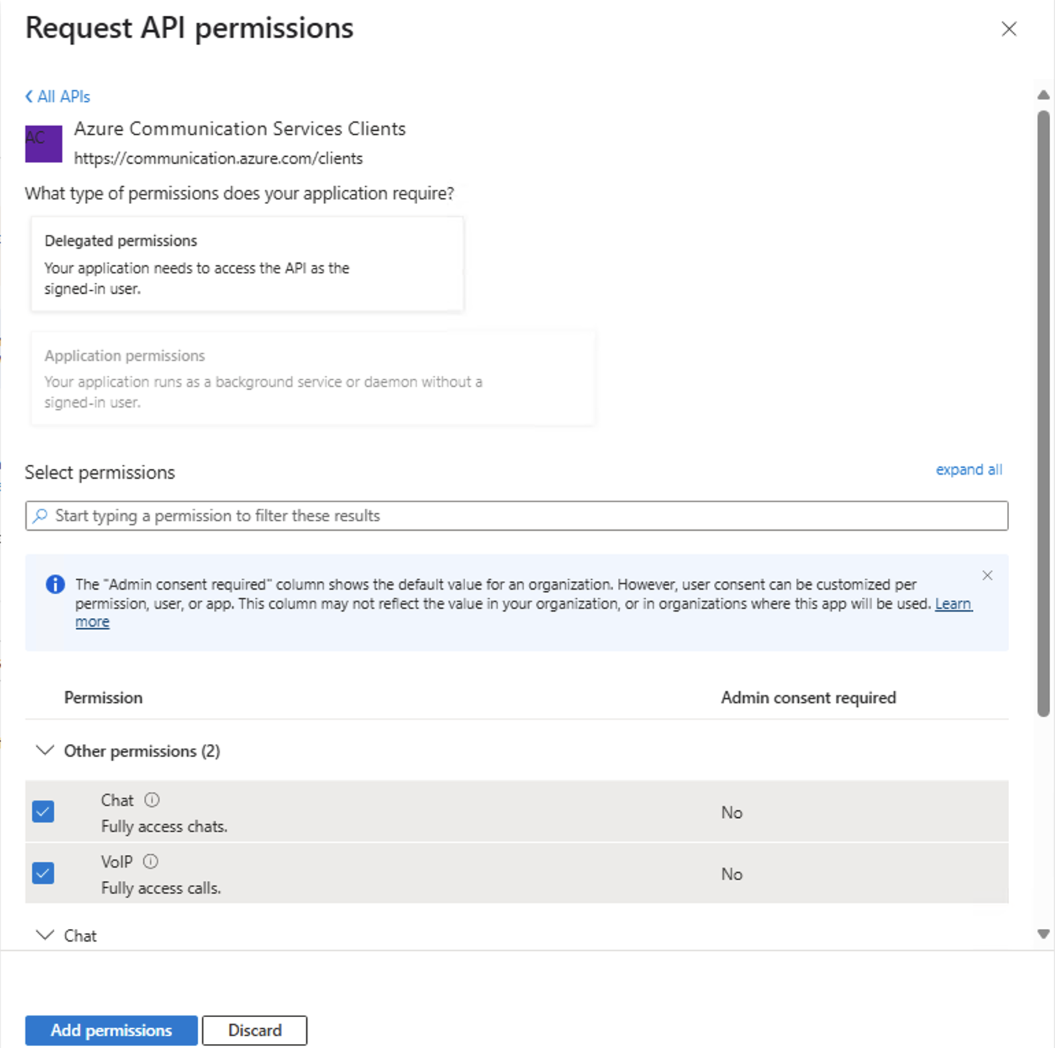 Diagram that shows how to add Communication Services Clients permissions to the Microsoft Entra application created in previous step.