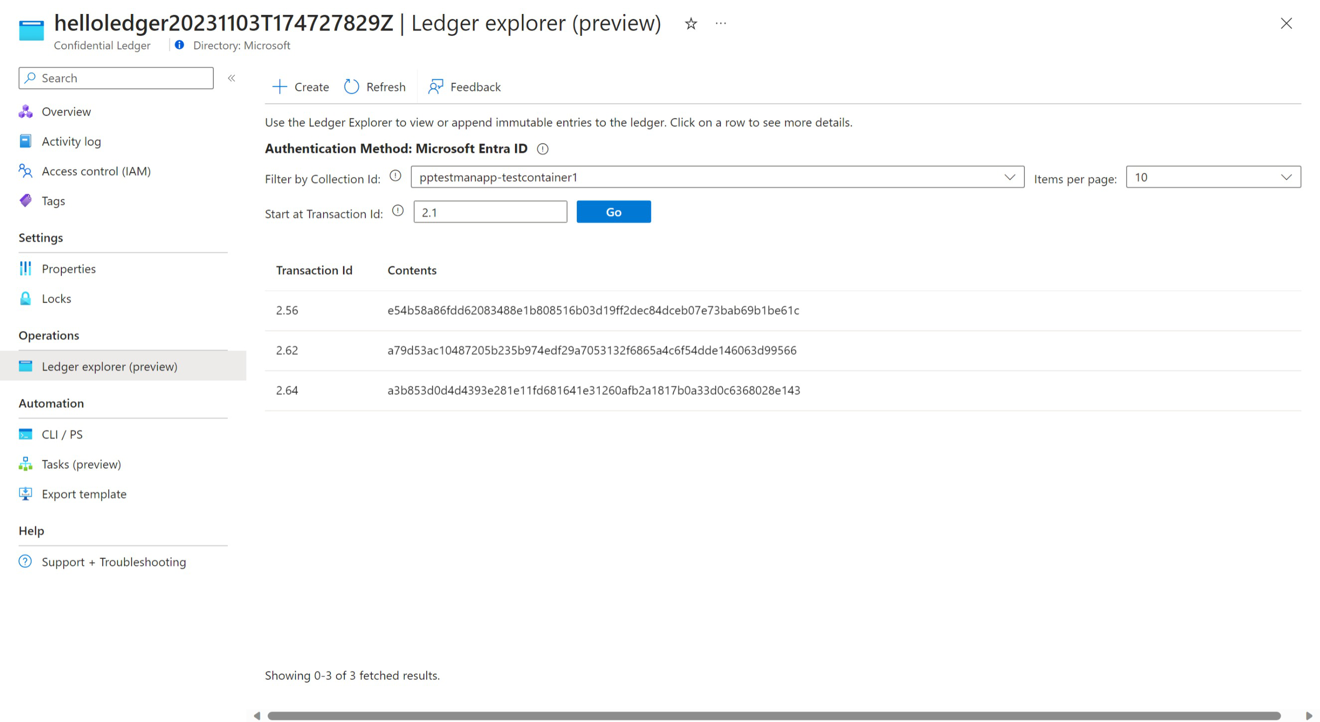 Screenshot that shows the Ledger explorer pane with digest transactions.