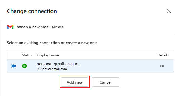 Screenshot shows the Change connection page where you can add a new connection.