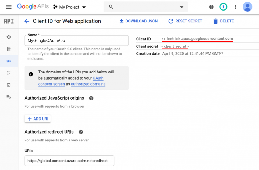Screenshot shows the Google API's partner site with client ID and client secret for your Google client app.