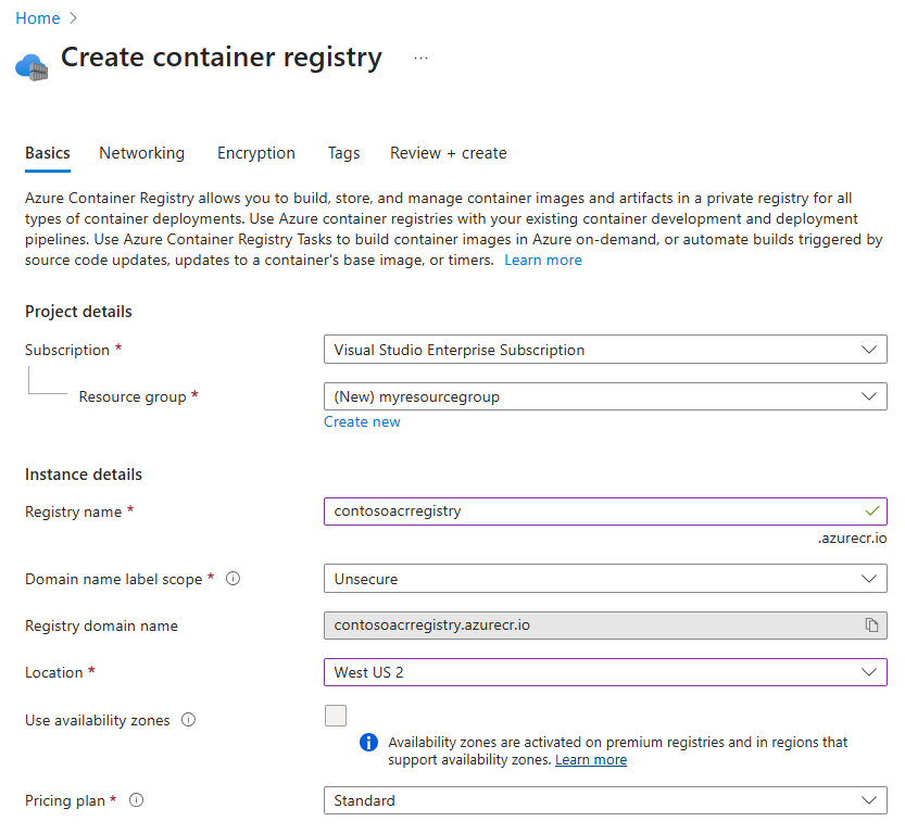 Create container registry in the portal