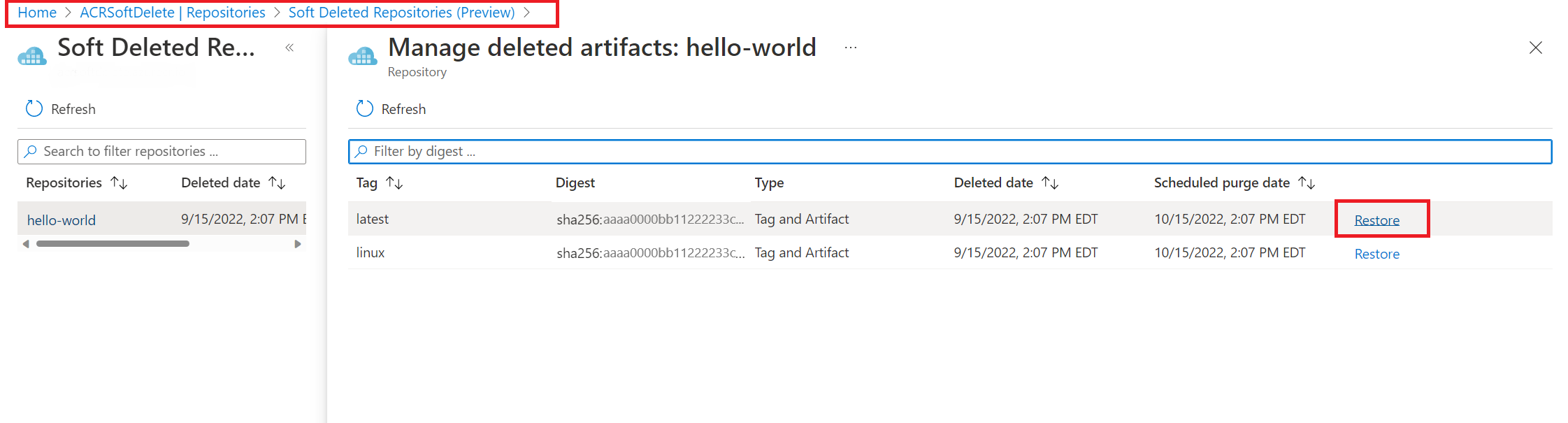 Screenshot to restore soft delete repositories.