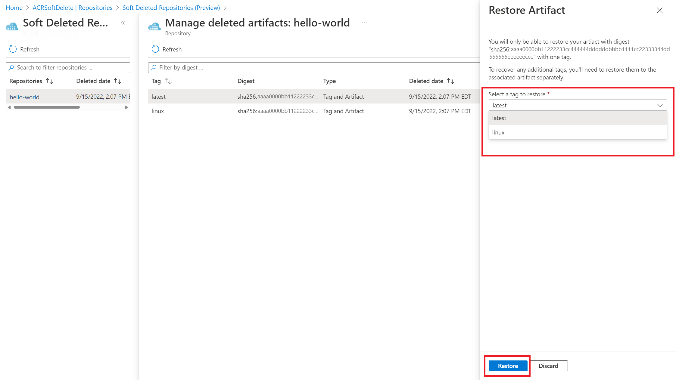 Screenshot of restore window for soft delete repositories.