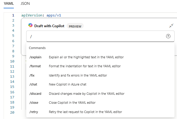 Screenshot showing the commands available in the inline Azure Copilot control in an AKS YAML file.