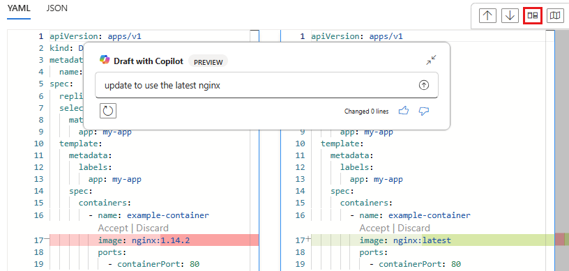 Screenshot showing the side-by-side diff view in the AKS YAML editor, with the toggle button highlighted.