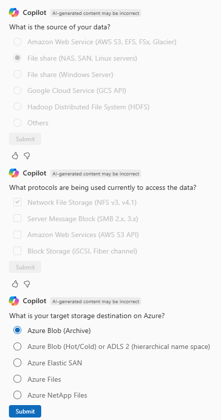 Screenshot of Azure Copilot asking follow-up questions about a data migration scenario.