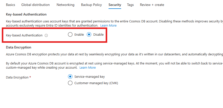 Screenshot of the option to disable key-based authentication when creating a new account in the Azure portal.