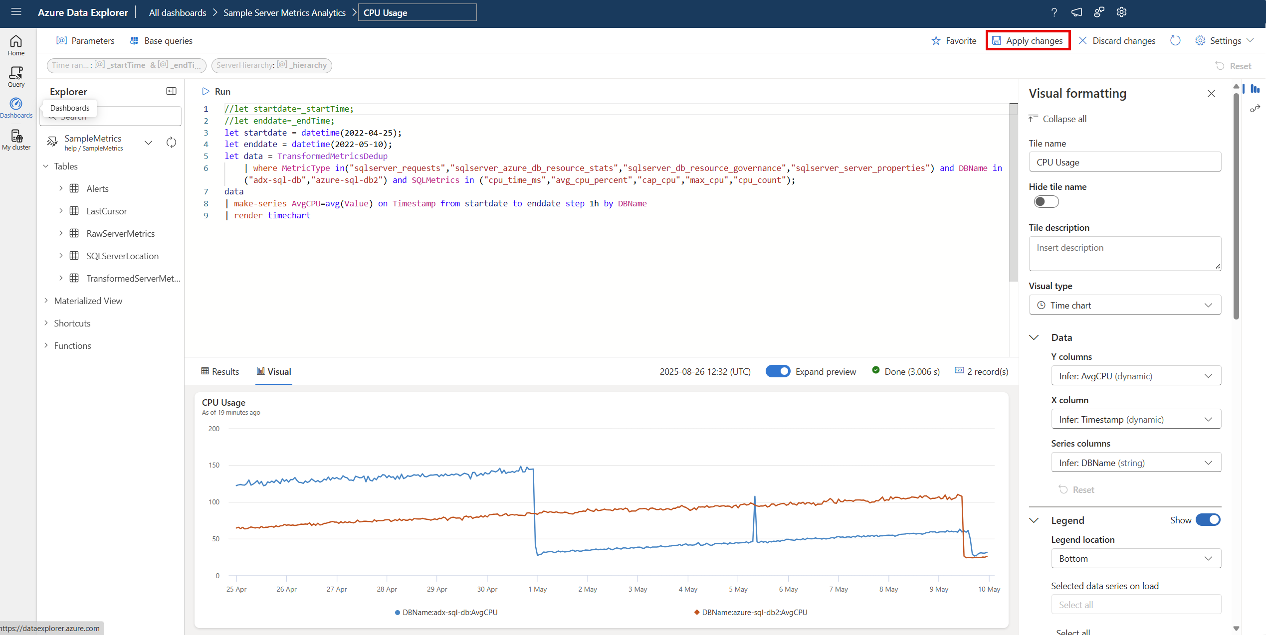Screenshot of how to save the changes to your dashboard tile in Azure Data Explorer web UI.