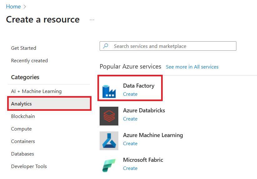 Data Factory selection in the &quot;New&quot; pane