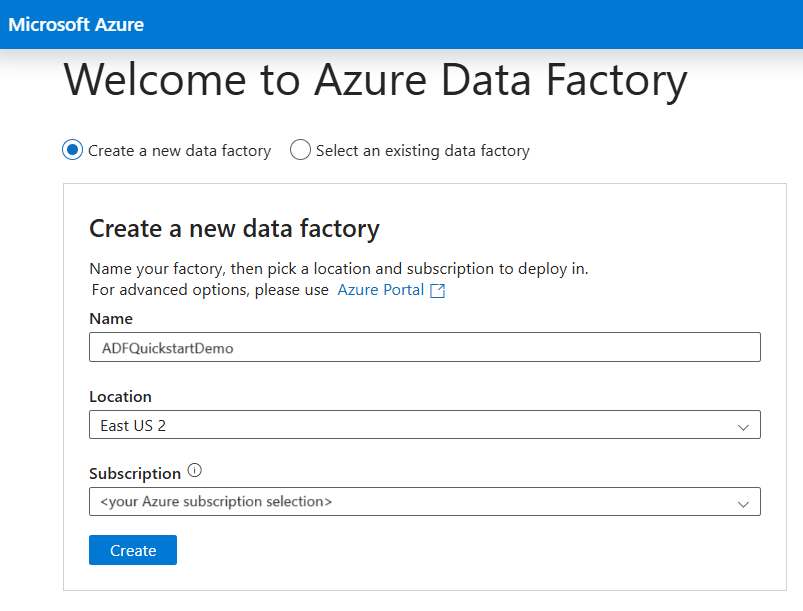 Screenshot that shows the Azure Data Factory Studio page for creating a data factory.