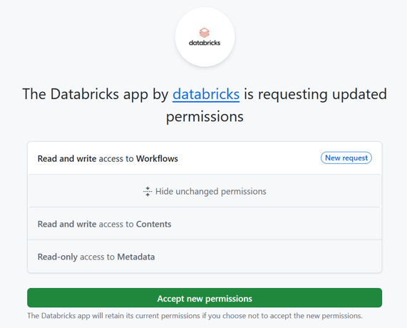 The email image you may receive when the Databricks GitHub app requests Workflow access