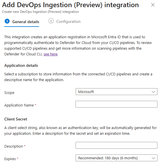 Screenshot of the Add DevOps Ingestion form with application name, tenant, expiration, and token settings.