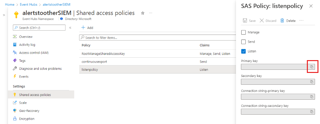 Screenshot of creating a listen policy in Microsoft Event Hubs.